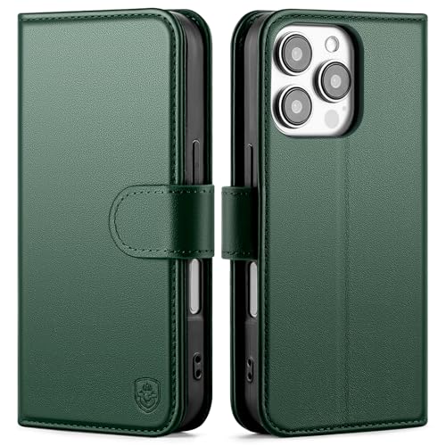 Compatible with iPhone 16 Pro Max Genuine Leather Case Wallet with Card Holder,Women Men Real Leather Flip Folio RFID Blocking Credit Card Slots Phone Cover,for Apple 16 ProMax,Green - color: Green, size: iPhone 16 Pro Max - 6.9"