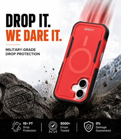 LOOXER® Heavy Duty Rugged Magnetic Case for iPhone 17 (6.3”) | Military Grade Shockproof Protection,MagSafe Compatible+ Tempered Glass Included (Red, 17) - color: Red, size: 17
