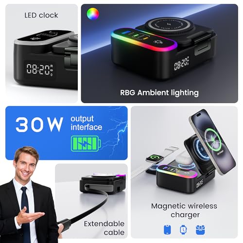 8-in-1 Foldable Wireless Charging Station for Apple Devices with Clock, 65W - color: Black