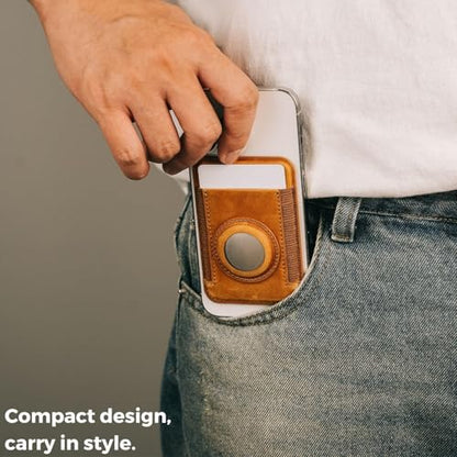 Magnetic Wallet Compatible with AirTag Holder, Genuine Crazy Horse Leather Magnetic Wallet. (Brown)