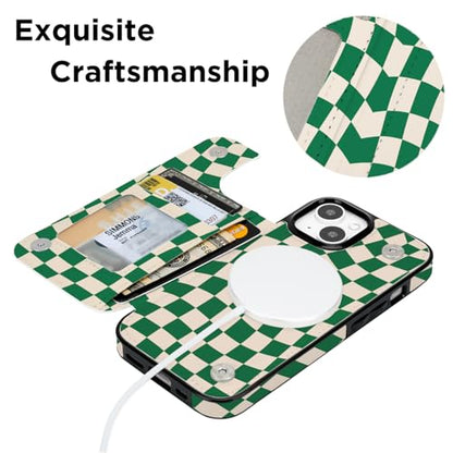 uCOLOR for iPhone 13/14 Wallet Case Magsafe with Card Holder Slot | Compatible with MagSafe,Folio Flip PU Leather Magnetic RFID Design with Camera Lens Protector Green Checkered - color: Green Checkered