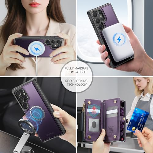 Defencase for Galaxy S23 Ultra Case Wallet Compatible with Magsafe, Purple | Magnetic Detachable, RFID Bolcking Card Holder, Zipper Strap, PU Leather Drop-Proof Phone Cover for Samsung Galaxy S23 Ultra - color: (Detachable with Magsafe)-Purple