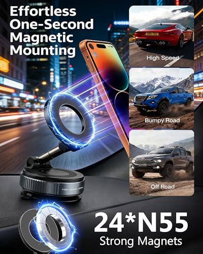Vacuum Magnetic Car Phone Holder, 2800gf Strong Magnet 360° Rotatable Suction Cup Mount for Dashboard Windshield Rearview Mirror, Universal MagSafe Car Mount for iPhone Android, Black