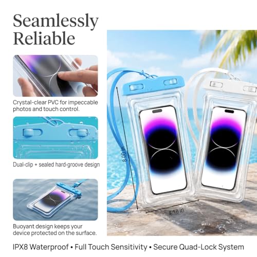 Waterproof Phone Pouch Case-[2 Pack][Easy Lock & Heavy Duty] IPX8 Water Proof Cell Phone Dry Bag for Beach,Swim Protector for iPhone 17 16 15 14 13 12 11 Pro Max Plus, Galaxy S25,7.2",White and Blue