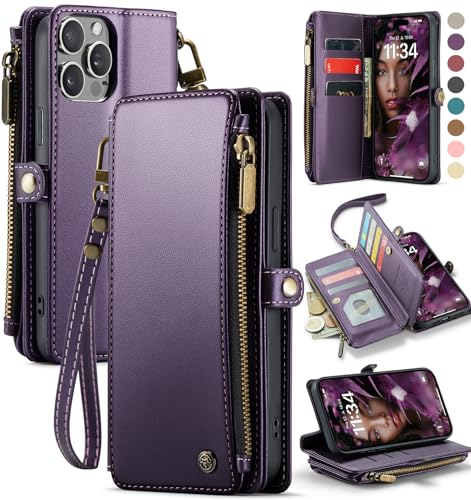 Defencase for iPhone 15 Pro Max Wallet Case with RFID Card Holder, Purple | Durable Soft PU Leather, with Zipper Pocket, Wrist Strap, Fashion Snap Flip Phone Cases Cover with Stand for Women and Men - color: Purple