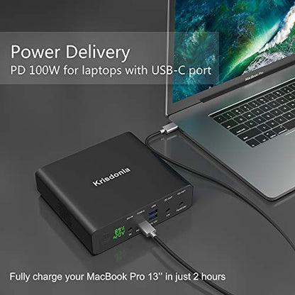 Portable Laptop Charger 32000mAh 100W PD Power Bank, External Battery Pack with 1 USB-C PD3.0 Port, 2 DC Ports, 2 USB QC3.0 Ports for Laptops, Tablets, Smartphones and Other Devices