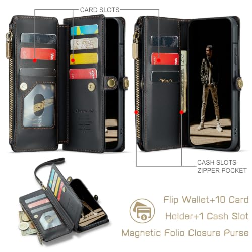 Defencase for Samsung Galaxy A37 5G Wallet Case with Card Holder, Black | RFID Blocking, Zipper Pocket, Durable PU Leather, Wrist Strap, Fashion Snap Flip Phone Cases Cover with Stand for Women Men - color: Black