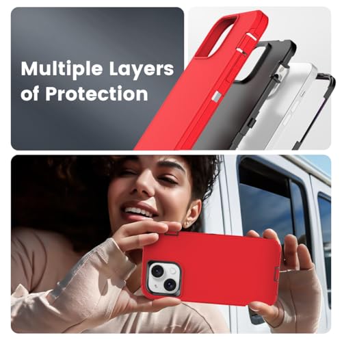 Compatible with iPhone 15, Dual Layer Shockproof Full Body Cover Military Grade Drop Protection Heavy Duty Phone Case for Apple iPhone 15/14/13 6.1 inch (Red/Black) - color: Red/Black