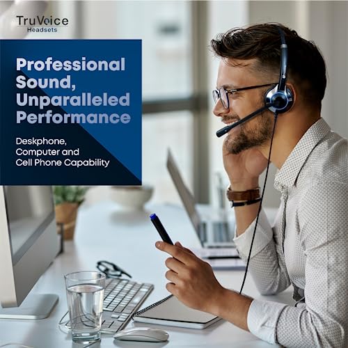 TruVoice HD-500 Office and Call Center Wired QD Headset with Noise Canceling Microphone and HD Speakers - Compatible with Mitel, Nortel, Avaya, Poly, Polycom, Shoretel, Digium, ESI, Fanvil Desk Phones