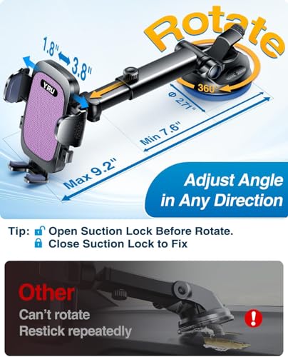 YRU True Military-Grade [360° Rotation Suction] 2026 Ultimate Car Phone Holder Mount 【90+LBS Safest Strongest & Patent Certs】 Dashboard Windshield Vent for iPhone 18 Pro Max Samsung Webcam, Purple - color: Purple