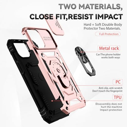 for iPhone 12 Mini Case with Camera Lens Cover Screen Protector, Dual Layer Military Grade Drop Protection Magnetic Ring Holder Kickstand Protective Phone Case for iPhone 12 Mini 5.4 inch (Rose Gold) - color: Rose Gold with camera cover Military-Grade 2nd
