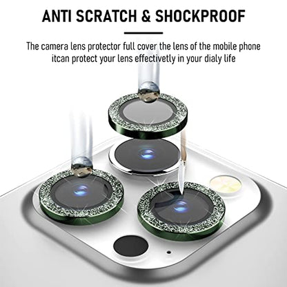 Suoman 3-Pack for iPhone 13 Pro 6.1 inch / 13 Pro Max 6.7 inch Camera Lens Protector, 9H Hardness Tempered Glass Film, [Glitter diamonds] Individual Metal Protective Cover - Green - color: Green