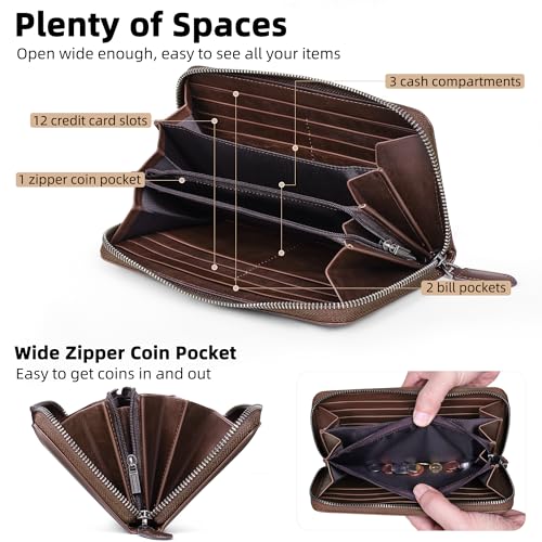 VISOUL Leather Long Zipper Pouch Wallet for Men and Women with RFID Blocking, Large Clutch Cash Long Wallet with Zipper (Brown) - color: Brown