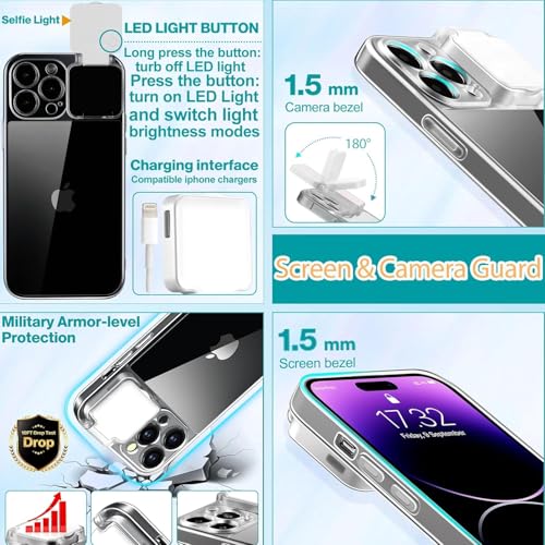 Selfie Light for iPhone 16 Pro Max Case with LED Built-in Light-Up Fill Light Rechargeable for TIK Tok/Stream/Makeup/Live/Video- Selfie (2 Models, 3 Level Brightness) Crystal Clear - size: for iPhone 16 Pro Max