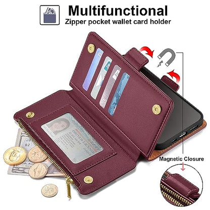 Antsturdy for iPhone 14 Plus Phone Wallet Case Women,Wine Red | RFID Blocking,with Credit Card Holder Slots,PU Leather Purse,Zipper Pocket,Wrist Strap Kickstand,Flip Folio Cover for Men - color: Wine Red