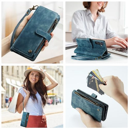 Samsung Galaxy S24 5G Wallet Case with Card Holder Kickstand Magnetic Zipper Pocket Lanyard Strap Wristlet,Leather Flip Case Wallet for Samsung Galaxy S24 5G 6.2 Inch(Blue) - color: Blue, size: S24 5G 6.2 Inch