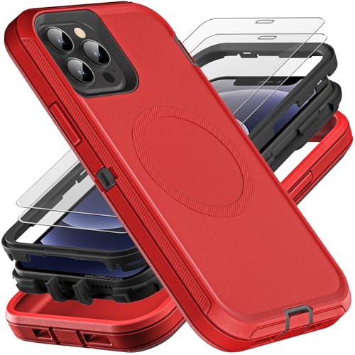 YKHJKLEC for iPhone 12/12 Pro Case, Compatible with Magsafe, Military Grade 3 in 1 Heavy Duty Shockproof/Drop Proof/Dust Proof with 2Pcs Tempered Glass Screen Protector (New-Red/Black) - color: New-Red/Black