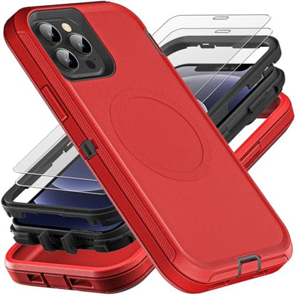 YKHJKLEC for iPhone 12/12 Pro Case, Compatible with Magsafe, Military Grade 3 in 1 Heavy Duty Shockproof/Drop Proof/Dust Proof with 2Pcs Tempered Glass Screen Protector (New-Red/Black) - color: New-Red/Black