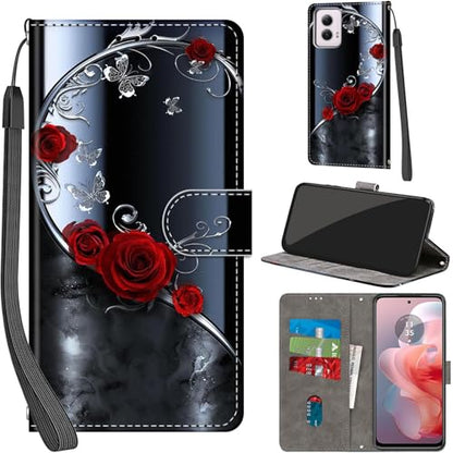 Case Wallet for Motorola Moto G Power 5G 2024, Rose Butterfly | Kickstand, 3 Card Holder, Shockproof TPU Interior Shell, PU Leather, Magnetic Flip Cover, Lanyard Strap - color: Pic:01