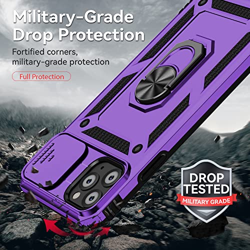 for iPhone 11 Pro Case with Camera Lens Cover HD Screen Protector, Dual Layer Military Grade Drop Protection Magnetic Ring Holder Kickstand Protective Phone Case for iPhone 11 Pro 5.8 inch (Purple) - color: Purple with camera cover Military-Grade 2nd gen