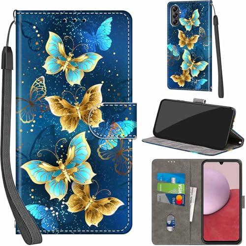 Case Wallet for Samsung Galaxy A14 5G, Green Butterfly | Kickstand, 3 Card Holder, Shockproof TPU Interior Shell, PU Leather, Magnetic Flip Cover, Lanyard Strap - color: Pic:02
