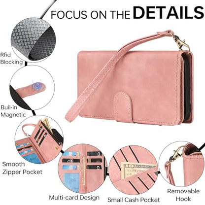 RANYOK Compatible with iPhone 16 Case Wallet - PU Leather Wallet Case for iPhone 16 with Credit Card Holder RFID Blocking Zipper Pocket with Wrist Strap Flip Folio Protective Case (Pink) - color: Pink, size: iPhone 16, 6.1"