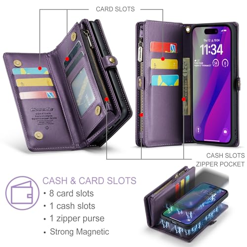 Compatible with iPhone 15 Wallet Case with Magsafe,Purple | Magnetic Detachable Case,Card Holder,Zipper Pocket,Strap Wristlet, Soft Leather Drop-Proof Phone Case for iPhone 15 - color: Purple, size: iPhone 15 6.1"