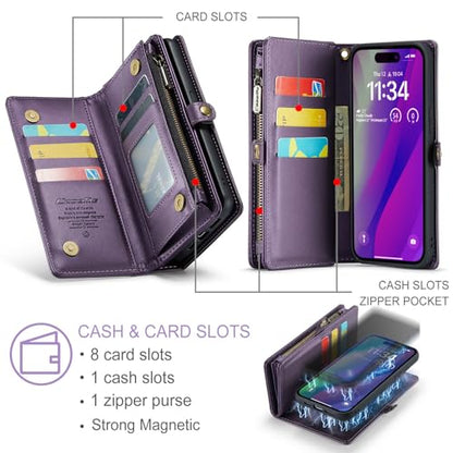 Compatible with iPhone 15 Wallet Case with Magsafe,Purple | Magnetic Detachable Case,Card Holder,Zipper Pocket,Strap Wristlet, Soft Leather Drop-Proof Phone Case for iPhone 15 - color: Purple, size: iPhone 15 6.1"