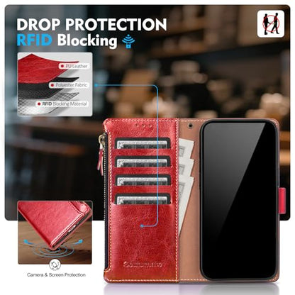 Compatible with iPhone 13 Wallet Case with Card Holder RFID Blocking Zipper Poket PU Leather Flip Phone Case with Wrist Strap Credit Card Slots Men Women,for Apple 13 6.1",Red - color: Red, size: iPhone 13 - 6.1"
