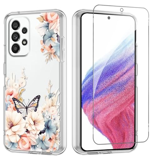Flower Phone Case Floral for Samsung Galaxy A53 5G 6.5'' with Screen Protector, Clear Transparent Phone Cover Slim Soft Shockproof Anti-Scratch Drop Protection Funda for Girls Women - color: Yellow Peony, size: Samsung Galaxy A53 5G