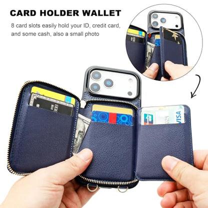 Bocasal Crossbody Wallet Case Card Holder for iPhone 17 Pro Max Dark Blue | RFID Blocking PU Leather Zipper Handbag Purse, Kickstand Flip Folio Case with Card Slots Holder Wrist Strap Lanyard 6.9 Inch - color: Dark Blue