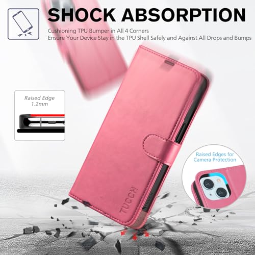 TUCCH Wallet Case for iPhone 15 (6.1") 2023, Flip Stand, Hot Pink | RFID Blocking, 4 Card Holders, Kickstand, PU Leather, Shockproof TPU Shell, Magnetic Closure, Protective Folio Cover - color: Hot Pink