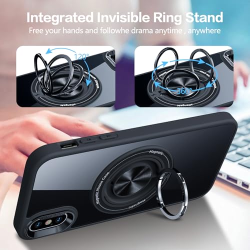 for iPhone Xs Case and iPhone X Case Compatible with Magnetic | With Ring Holder,Transparent Hard PC,Rotated Ring Holder Kickstand Phone Case 5.8in,Black JUS12-37 - color: Black