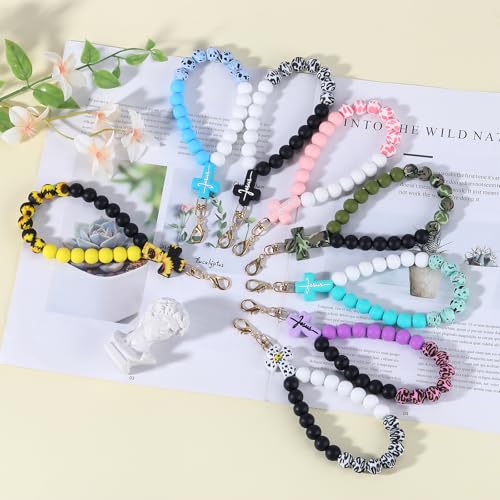 BEEFLYING Silicone Beaded Phone Charm Wrist Strap for Case - color: Pink + White
