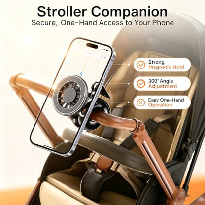 Magnetic Phone Holder Clamp Mount, 360° Adjustable Phone Mount for Treadmill, Golf Cart, Stroller, Shopping Cart & Exercise Equipment, MagSafe Compatible Smartphone Holder for iPhone and Android