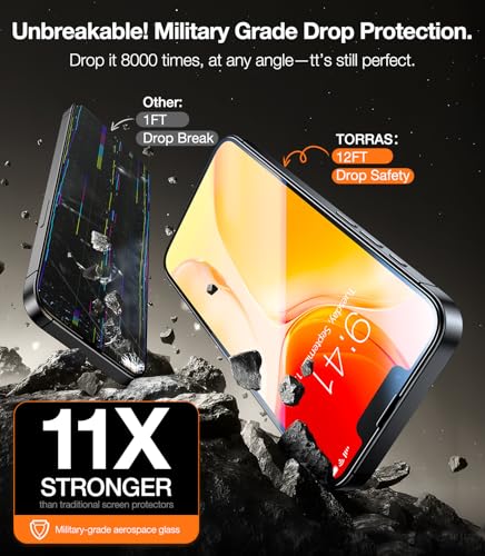 TORRAS Unbreakable for iPhone 17e/16e/14/13 Pro/13 Screen Protector [NO.1 Military-Grade] [12 FT Shatterproof] 9H+ Aerospace Tempered Glass 2 Pack - Touch Sensitivity, Full Coverage, 6.1 inch - size: iPhone 17e/16e/14/13 Pro/13 (6.1 inch)
