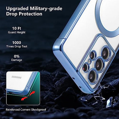 RALEAVO Magnetic Case for Samsung Galaxy S21 Ultra Clear Case Cover [Compatible with Magsafe & Military Grade Drop Protection] Transparent Shockproof Slim Plated Phone Case - Blue - color: Blue, size: S21 Ultra