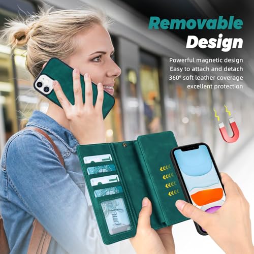 TwoHead for iPhone 11 Wallet case with 11 Card Holder (Green) | Detachable Magnetic Phone Case, PU Leather Wallet for Women/Men,Wireless Charging Compatible,with Wrist Strap - color: Green