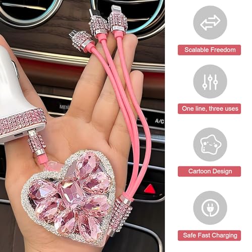 Multi Charging Cable, 3 in 1 Retractable Car Charger, Fast Charging Data Car Cable with Type-C/Lightning/Micro USB Connectors, Universal for Mobile Devices (Pink)