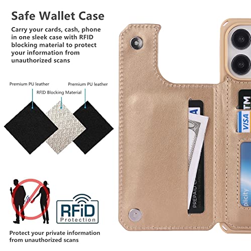 iCoverCase Compatible with iPhone 14 Pro Max Wallet Phone Case with Card Holder for Women, RFID Blocking Embossed PU Leather Wrist Strap Case 6.7 Inch (Heart Gold) - color: H-Gold