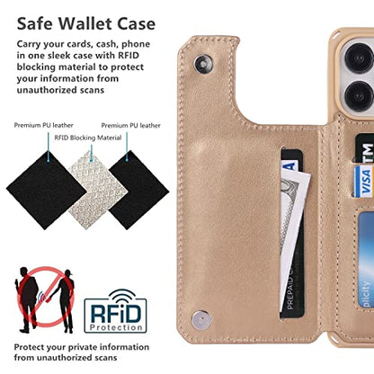 iCoverCase Compatible with iPhone 14 Pro Max Wallet Phone Case with Card Holder for Women, RFID Blocking Embossed PU Leather Wrist Strap Case 6.7 Inch (Heart Gold) - color: H-Gold