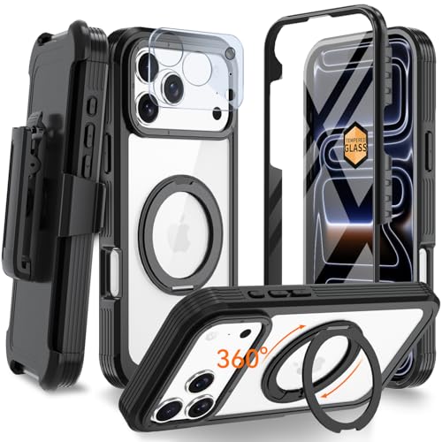 Magnetic for iPhone 17 Pro Case, Compatible with MagSafe, Full Body Rugged Case with Built-in Screen Protector & Kickstand & Belt-Clip (Black) - color: Black