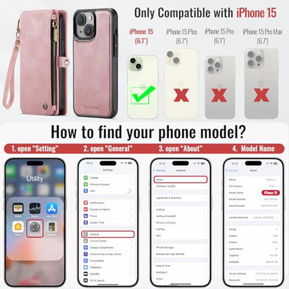 Defencase for iPhone 15 Phone Case Wallet Compatible with Magsafe, Rosepink | Magnetic Detachable, Drop-Proof Protective Wallet Cases Cover, with RFID Bolcking Card Holder, Zipper Strap, Soft PU Leather - color: (Detachable with Magsafe)-Pink