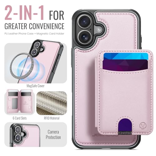 WJX for iPhone 16 Plus MagSafe Wallet Case, 2-in-1 Detachable Luxury Card Holder, Universal MagSafe Compatible, RFID Blocking, Shockproof Kickstand Slim Cover， Strawberry Pink - color: Strawberry Pink, size: iPone 16 Plus