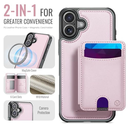 WJX for iPhone 16 Plus MagSafe Wallet Case, 2-in-1 Detachable Luxury Card Holder, Universal MagSafe Compatible, RFID Blocking, Shockproof Kickstand Slim Cover， Strawberry Pink - color: Strawberry Pink, size: iPone 16 Plus