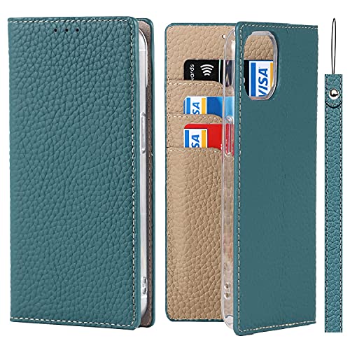 iCoverCase Compatible with iPhone 13 Wallet Case, RFID Blocking Genuine Leather Magnetic Case with Wrist Strap and Card Slots Kickstand Feature Flip Cover 6.1 Inch (Light Blue) - color: Light Blue, size: iPhone 13