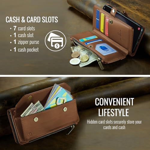 Strapurs Wallet Case Compatible with iPhone 13 Pro RFID Blocking 7-Card Holder Soft PU Leather Magnetic Snap Shoulder Strap Zipper Pocket Phone Case Fit for iPhone 13 Pro 6.1" - Brown | RFID Blocking 7-Card Holder, Shoulder Lanyard, Wirst Strap, Zipper Po