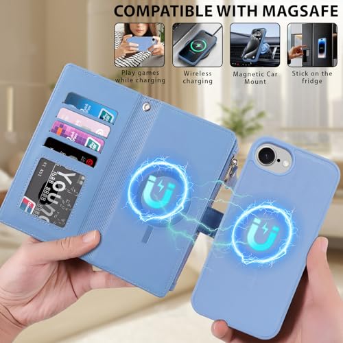 for iPhone 16e/17e Case Wallet,Compatible with MagSafe Magnetic 2 in 1 Magnetic Detachable PU Leather RFID Blocking Wallet Cover Card Holder Zipper Wrist Strap Lanyard,Quilted Blue - color: Quilted Blue