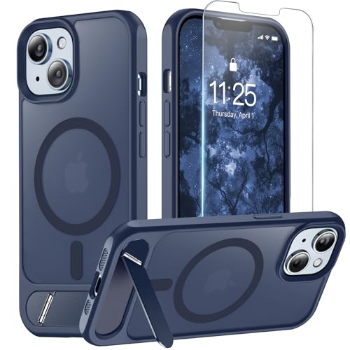Magnetic for iPhone 14 Case & iPhone 13 Case with Stand Dark Blue | (Screen Protector)(Compatible with MagSafe)(Military Grade Shockproof) Translucent Drop Protection Matte Slim Phone Case,6.1" - color: Dark Blue, size: For IPhone 14/13