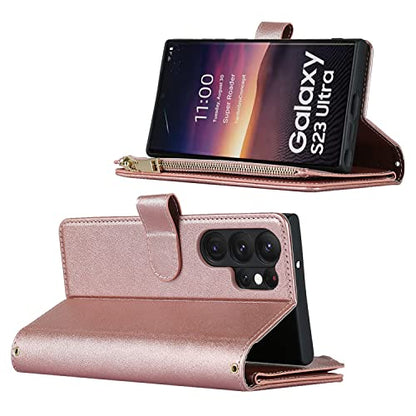 iCoverCase for Samsung Galaxy S23 Ultra Wallet Case with Card Holder, Kickstand Feature PU Leather Case with Adjustable Crossbody Lanyard Magnetic Clasp Zipper Pocket Flip Cover (Rose Gold) - color: Rose Gold, size: Galaxy S23 Ultra